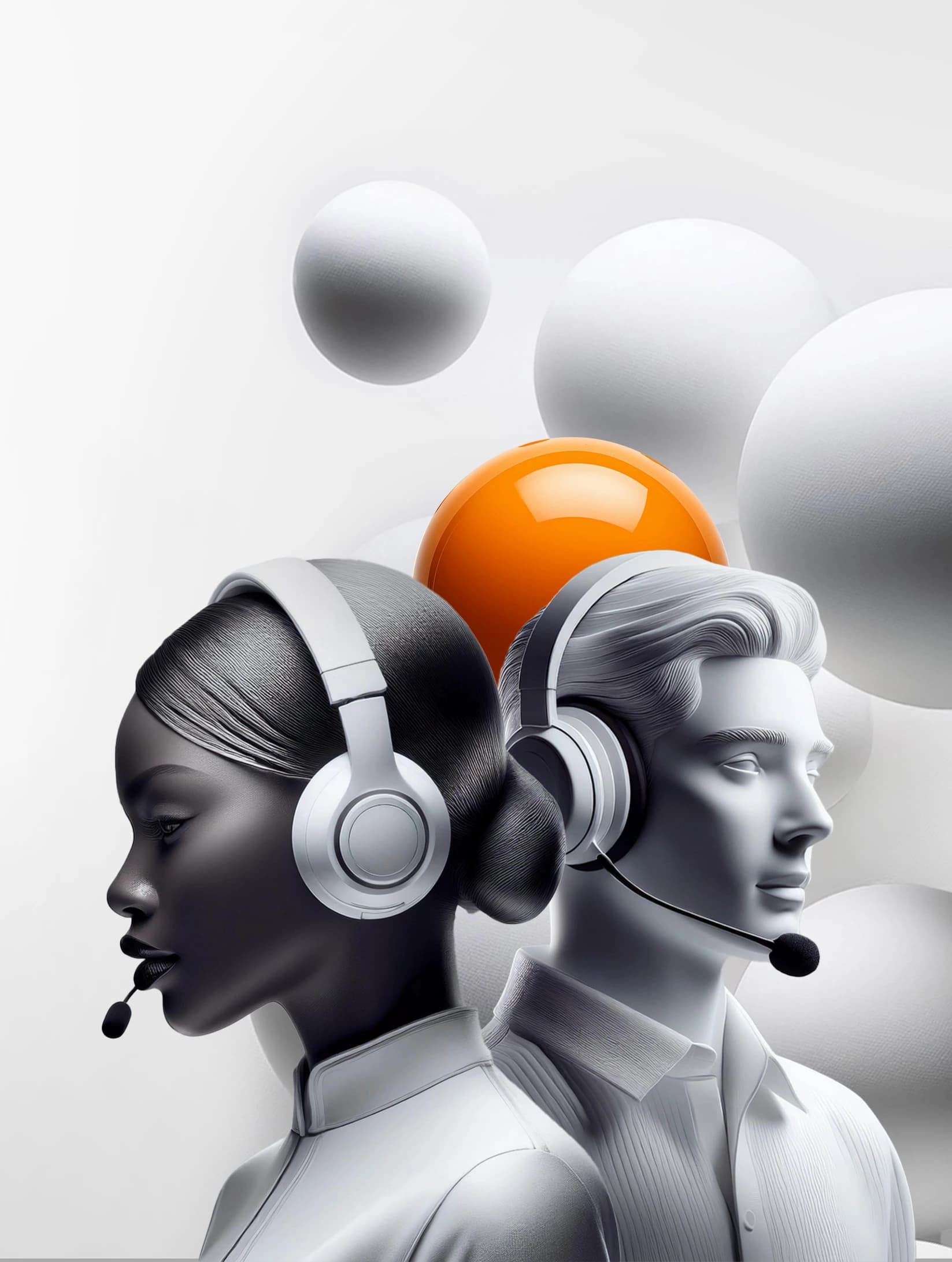Due operatori del customer service a mezzo busto con cuffie e microfono, davanti a uno sfondo con sfere bianche e arancioni, a rappresentare supporto clienti professionale.