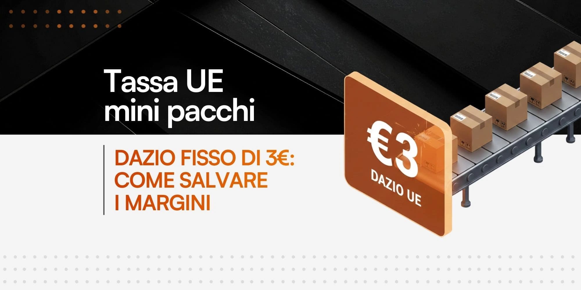 Infografica sulla nuova tassa UE per i mini pacchi. Riporta il titolo "Dazio fisso di 3€: come salvare i margini" e illustra visivamente l'applicazione del dazio su una catena di spedizione automatizzata.