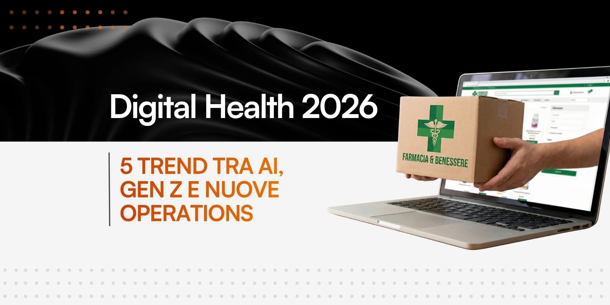 Mani che fuoriescono dallo schermo di un laptop porgendo una confezione di medicinali, a simboleggiare l'acquisto di prodotti farmaceutici online.