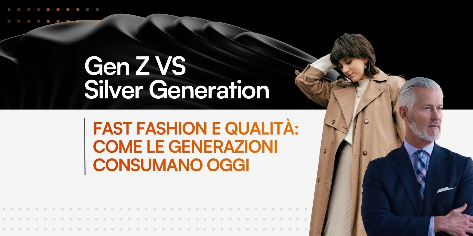 Una giovane donna e un uomo della generazione silver sono affiancati e rivolti verso l’osservatore. I due soggetti rappresentano visivamente il dialogo e il confronto tra generazioni diverse.